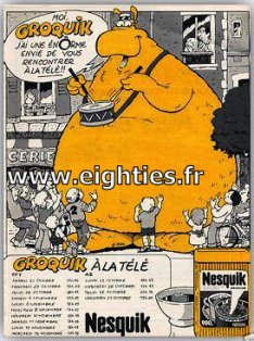 ANNEES, 80, 80's, eighties, Groquik, Groquick, Grosquick, Grosquik, Nesquik, Nesquick, NESTLE, Chocolat, mascotte, EMBLEME, enfance, trentenaires, pubs, PUBLICITE